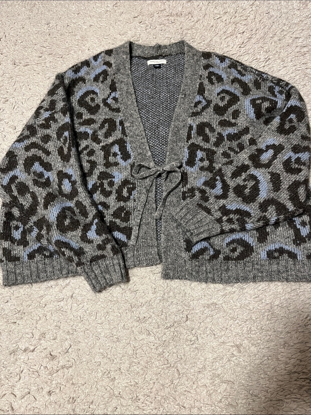 American Eagle Outfitters Gray and Blue Leopard Tie-Front Cropped Cardigan